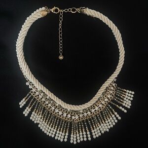 Statement Cream Rope & Pearl Bib Necklace w/ Crystal Fringe, Adjustable length